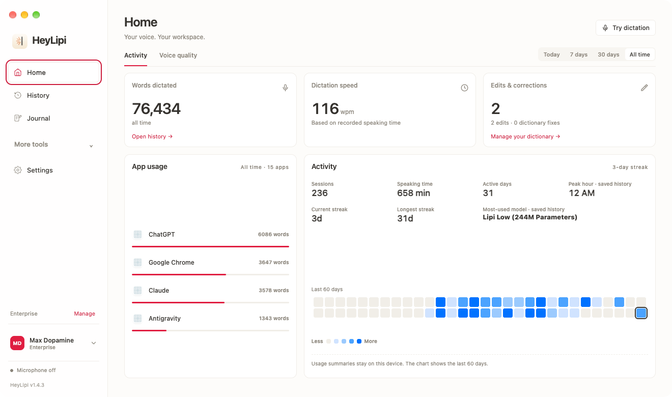 HeyLipi desktop voice intelligence app interface